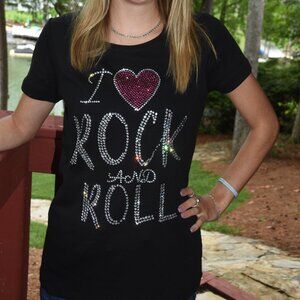 I Love Rock and Roll rhinestone bling shirt XS S M L XL XXL 1X 2X 3X 4X5X